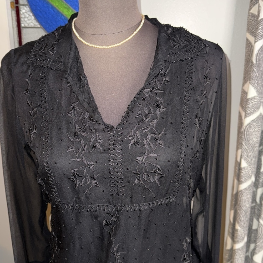 iCe Vintage 90’s Mesh Silk Beaded & Embroidered Long Sleeve Blouse - Picture 2 of 8